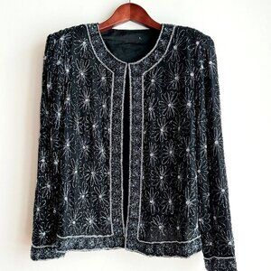 Vintage Fully Beaded Floral Black Silver Mother of The Bride Cocktail Jacket L